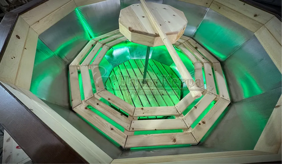 Банный чан из нержавеющей стали Ø-2350 на подставке с ветрозащитой и печью СТ3